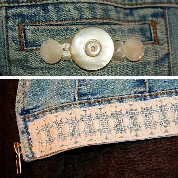 Denim Jean Jacket Upcycled Vintage Distressed Military Style - Picture 7 of 9